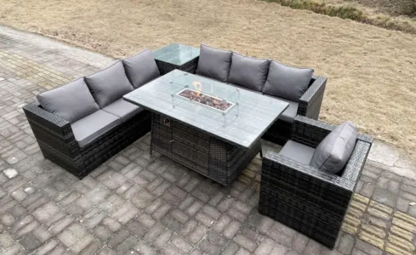 Fimous 7 Seater Outdoor Dark Grey Rattan Lounge Complete Sofa Set with Gas Firepit and High Side Coffee Table