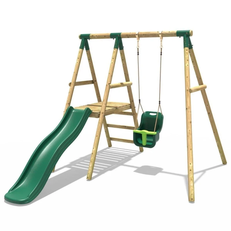 Image of Rebo Wooden Swing Set with Slide - Cassini Green Green