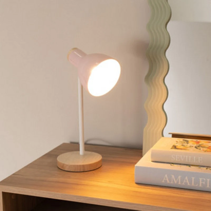 Image of ValueLights Woody Metal Dome Shade Wooden Base Desk Task Table Lamp with LED Bulb Pink
