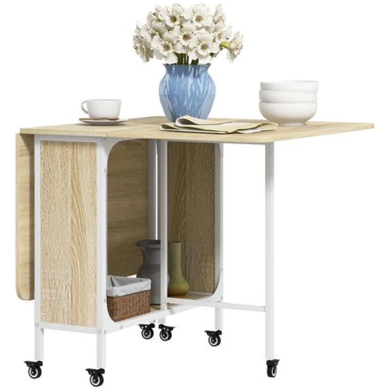 Image of HOMCOM Mobile Drop Leaf Dining Table on Wheels with Storage Shelf Dark Brown