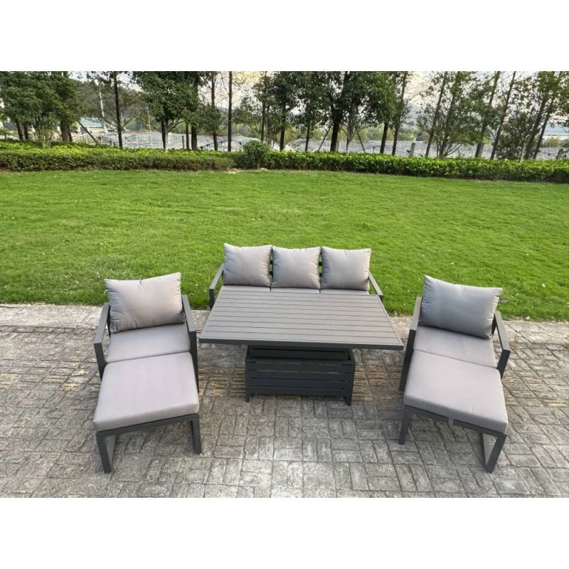 Image of Fimous Aluminum 6 Piece Sofa Set with Lifting Table, 2 Chairs & 2 Big Stools in Dark Grey Dark Grey Unisex