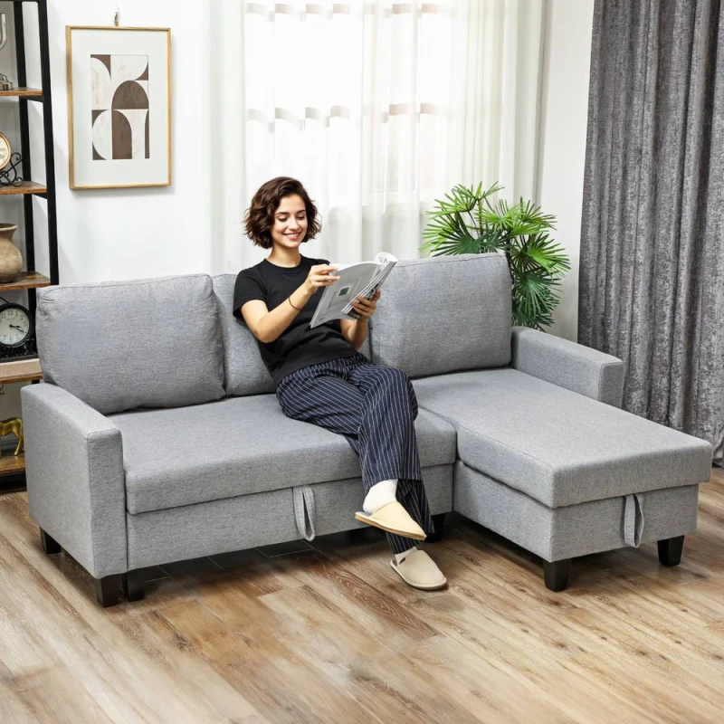 Image of HOMCOM HOMCOM 3-in-1 Convertible Sofa Bed with Storage, 3 Seater Sectional Sofa in Grey Grey 3 Seater Unisex 5063603744882