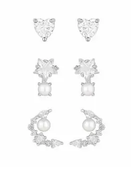 image of Mood Silver Crystal Cubic Zirconia And Pearl Delicate Celestial Stud Earrings - Pack of 2, Silver, Women