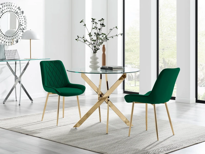 Image of FurnitureboxUK FurnitureboxUK Novara 100cm Round Gold Leg Dining Table & 2 Pesaro Gold Leg Chairs in Green Green One Size Unisex 5056784304655