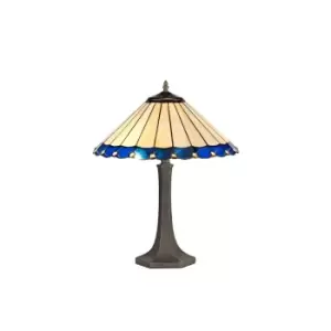 Image of 2 Light Octagonal Table Lamp E27 With 40cm Tiffany Shade, Blue, Crystal, Aged Antique Brass