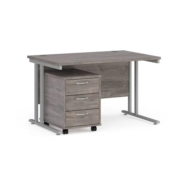 image of Maestro 25 Straight Desk Silver Frame Grey Oak Table Top and 3 Drawer Pedestal - 1200mm