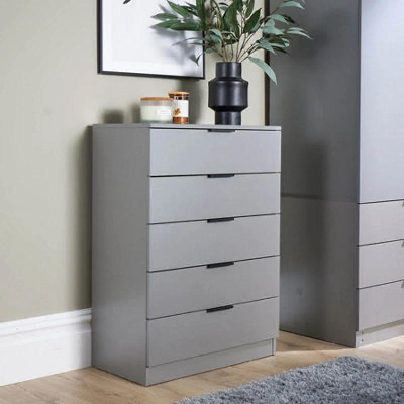 Image of Home Source Phoenix 5 Drawer Chest Bedroom Storage Unit Grey