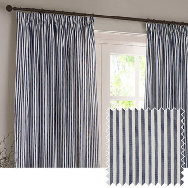 Image of Yard Hebden Striped Cotton Pencil Pleat Curtains, Navy, (W) 229 X (D) 137Cm