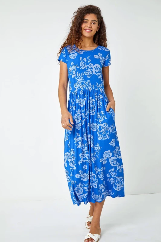Image of Roman Floral Print Midi Stretch Dress Blue female