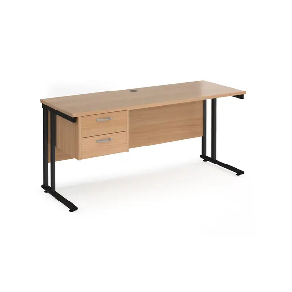 image of Maestro 25 Beech Straight Desk with 2 Drawer Pedestal and Black Cantilever Leg Frame - 1600mm x 600mm