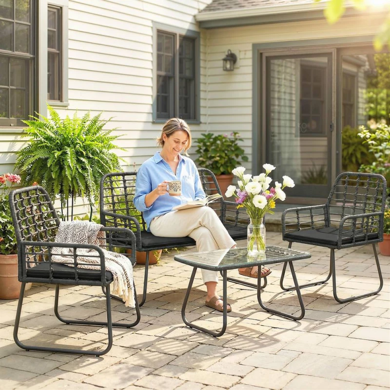 Image of OUTSUNNY Rattan Garden Furniture Set, 4 Piece Outdoor Patio Furniture in Black Unisex