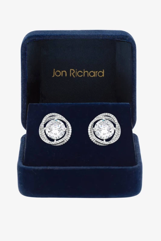 Image of Jon Richard Womens Rhodium Plated Cubic Zirconia Twist Halo Stud Earrings in Silver Silver Female One Size