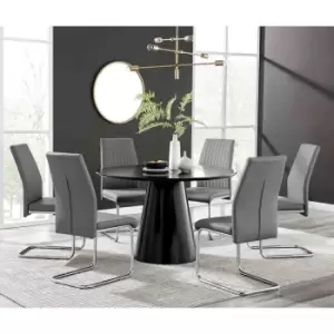 Image of Furniture Box Palma Black Semi Gloss Round Dining Table and 6 Grey Lorenzo Chairs