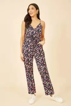 image of Navy Floral Print Wrap Over Strappy Jumpsuit