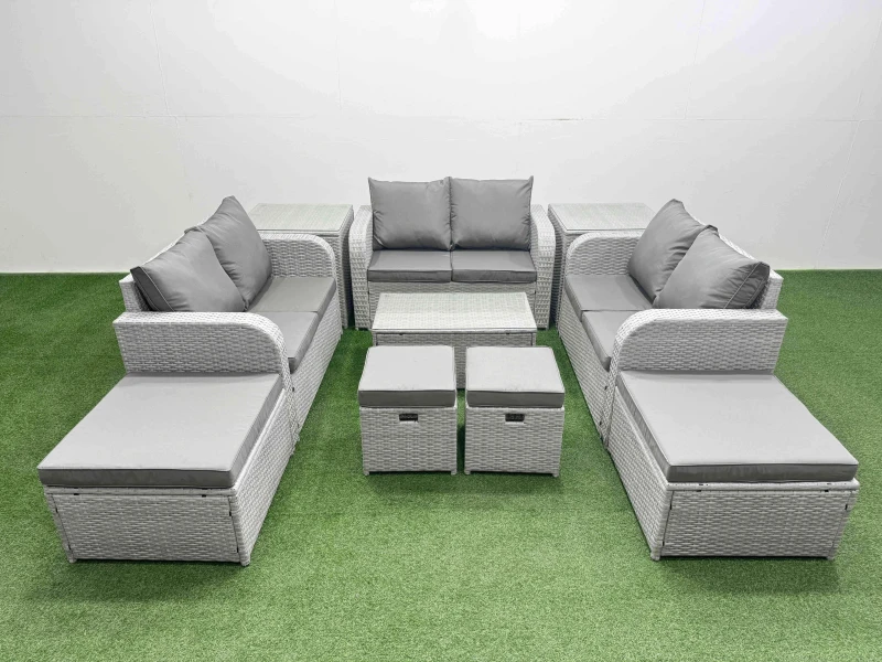 Image of Fimous 10 PCs Rectangular Coffee Table Set Reclining Chair Inclining Sofa in Light Grey Light Grey Unisex