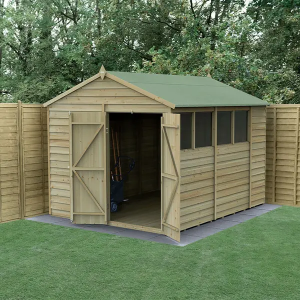 image of 10' x 8' Forest 4Life 25yr Guarantee Overlap Pressure Treated Double Door Apex Wooden Shed (3.01m x 2.61m)