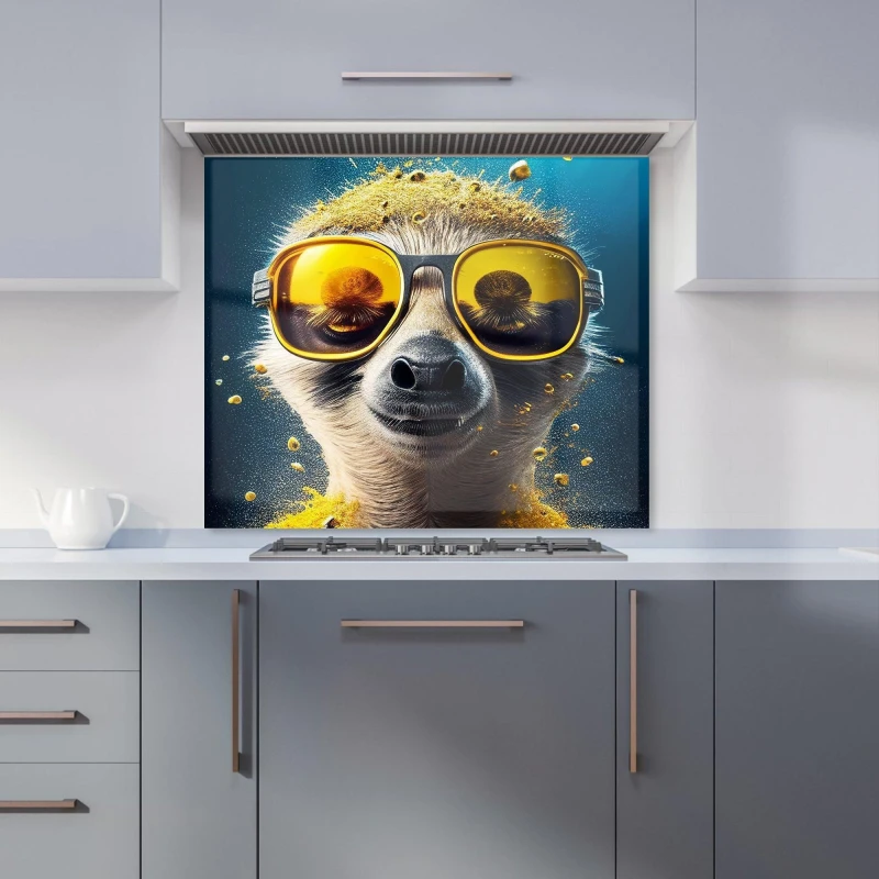 Image of Warren Reed - Designer Meerkat With Golden Glasses Splashart Kitchen Splashback in Yellow Size: 600mm x 750mm Yellow Unisex 600mm x 750mm