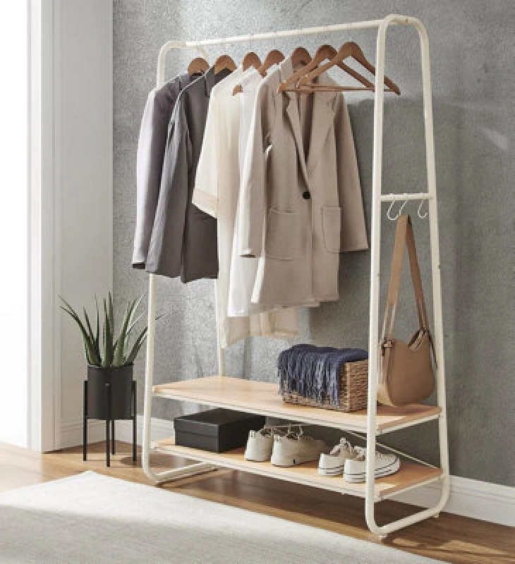 Image of Songmics Vasagle Clothes Rack, Dual Shelves And S-Shaped Hooks, Steel Frame For Bedroom Use, Oak And Cream White