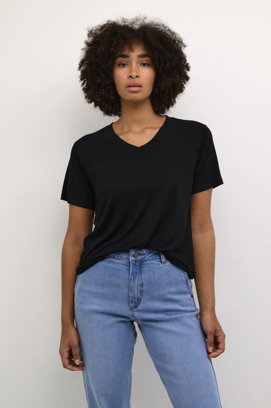 Image of Kaffe Womens Frida V-Neck Short Sleeve T-Shirt in Black Size: Medium Black Female M