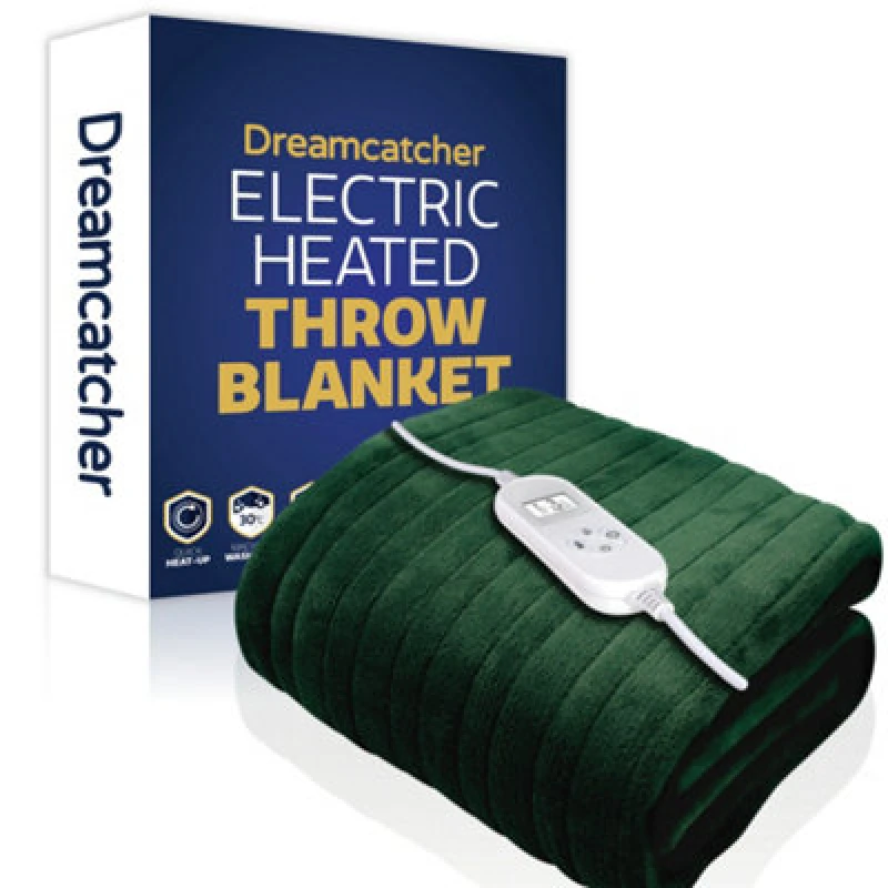 Image of Dreamcatcher Deluxe Electric Throw Heated Double Over Blanket Soft Fleece Variable Heat & Timer Settings Green