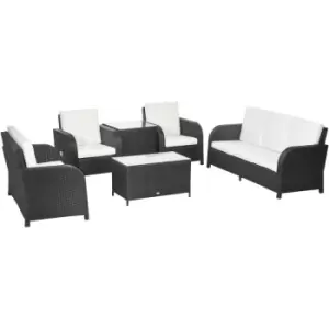 image of Outsunny 6 Piece Rattan Garden Furniture Set with Sofa, Glass Table, Black - Black