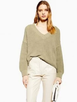 Image of Topshop V-Neck Boxy Fit Knitted Jumper - Olive, Green, Size S, Women