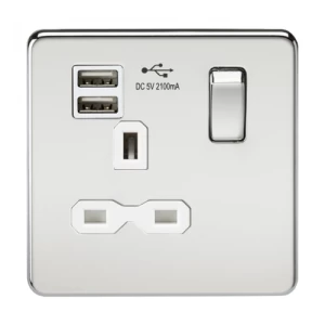 image of KnightsBridge 13A 1G Screwless Polished Chrome 1G Switched Socket with Dual 5V USB Charger Ports - White Insert