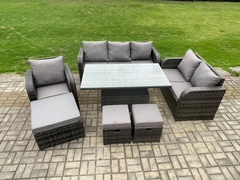 Image of Fimous Rattan Outdoor Furniture Garden Dining Set Patio Height Adjustable Rising lifting Table Reclining Chair Sofa Dark Grey Mixed Dark Grey