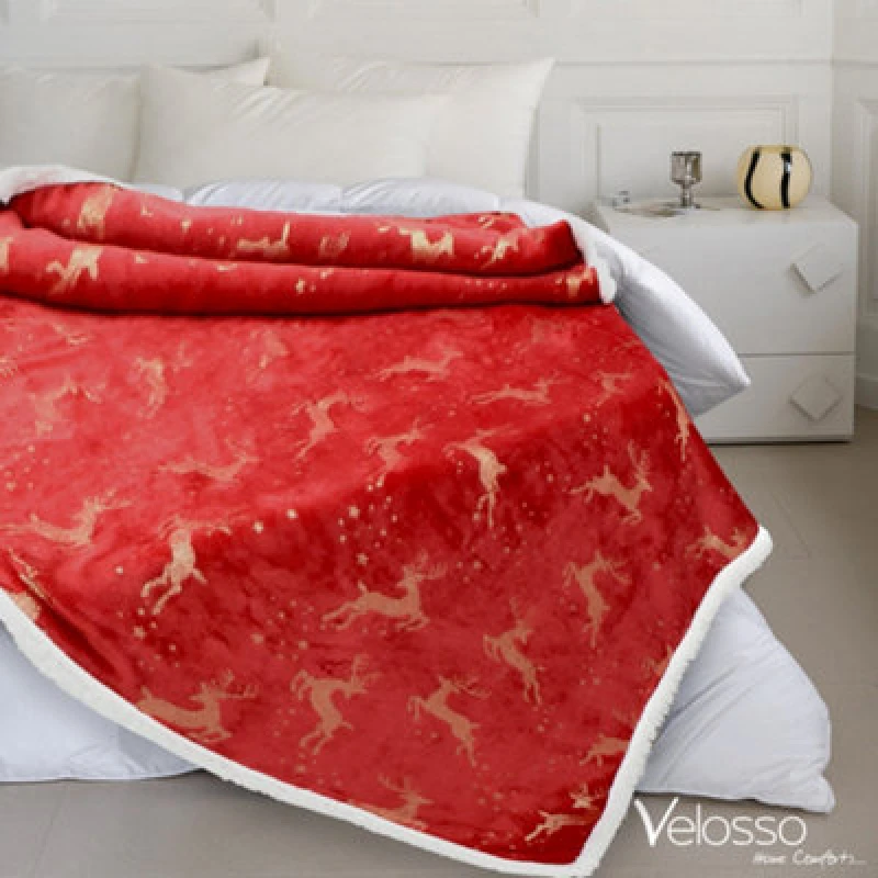 Image of Velosso Elegant Foil Stag Print Thermal Soft Throw Blanket In Festive Red Design, Perfect For Warm Bedding - 125Cm X 150Cm - Red