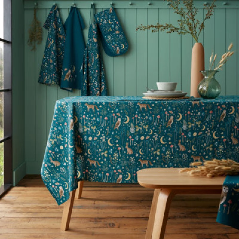 Image of Catherine Lansfield Enchanted Twilight Animals Cotton 137X229Cm Table Cloth Green