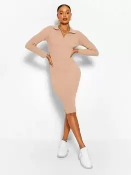 Image of Boohoo Polo Collar Rib Knit Midi Dress - Stone, Cream Size M Women