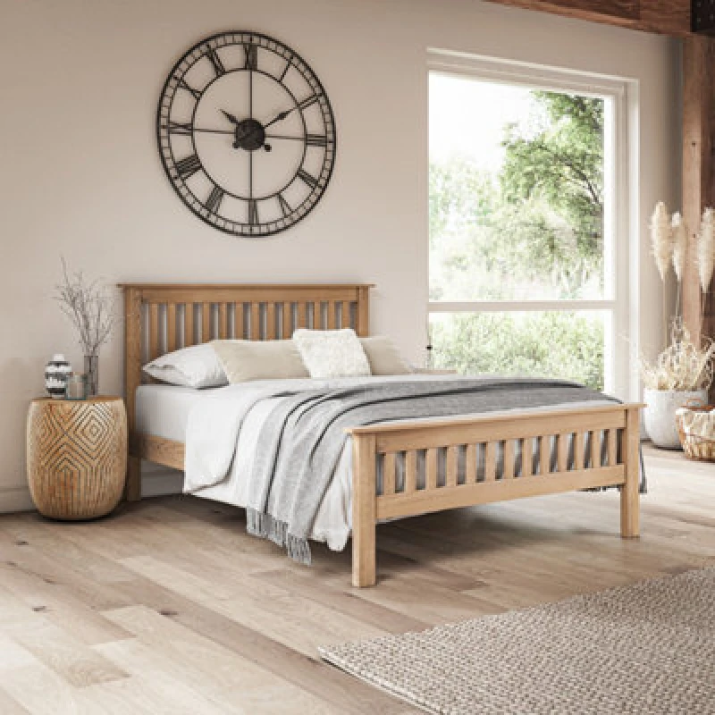 Image of SlumberWorx Pitlochry Solid Wooden Oak Shaker Style Bed Frame Light Oak