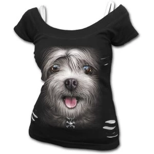 Image of Misty Eyes Womens X-Large 2In1 White Ripped Short Sleeve Top - Black