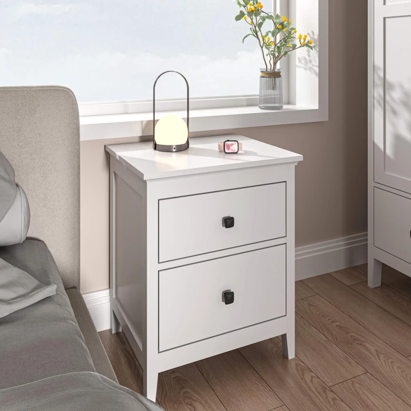 Image of Home Source 2 Drawer Bedside Table Nightstand MDF Bedroom Furniture 61cm High White