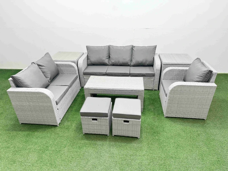 Image of Fimous Patio PE Wicker 8 Seater Outdoor Rattan Furniture Sofa Sets with Oblong Coffee Table Reclining Chair Loveseat Sofa 3 Seater Sofa Stool 2 Side T