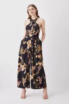 Image of Floral Premium Linen Viscose Halter Woven Jumpsuit