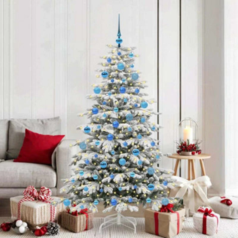 Image of vidaXL Artificial Hinged Christmas Tree with Blue Balls White 180cm PE and PVC, White 3395647