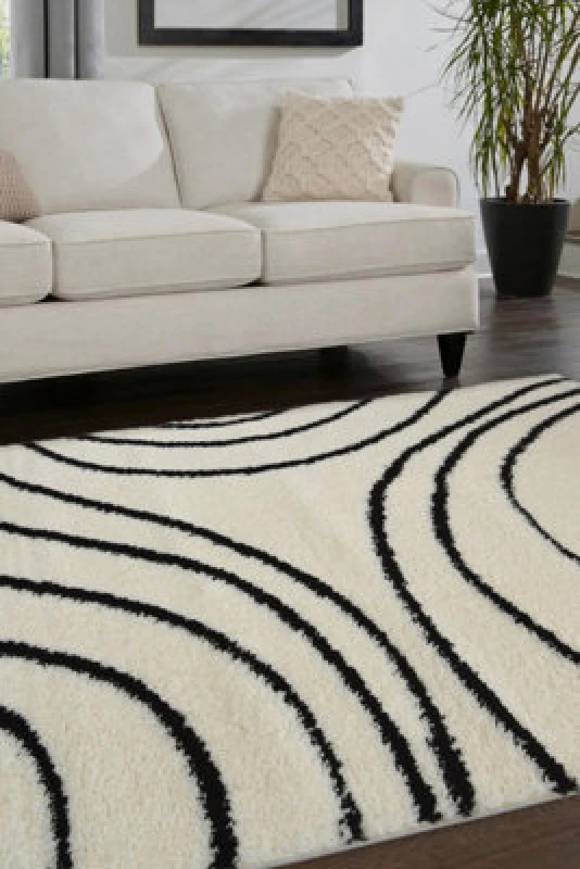 Image of Melrose Shaggy Iso Ivory Patterned Black Wave Lines Indoor Large Area Rug 160/230Cm