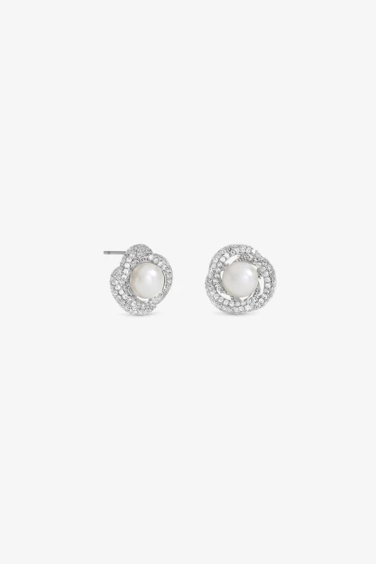 Image of Jon Richard Womens Rhodium Plated Pearl & Pave Knot Stud Earrings in Silver Silver Female One Size