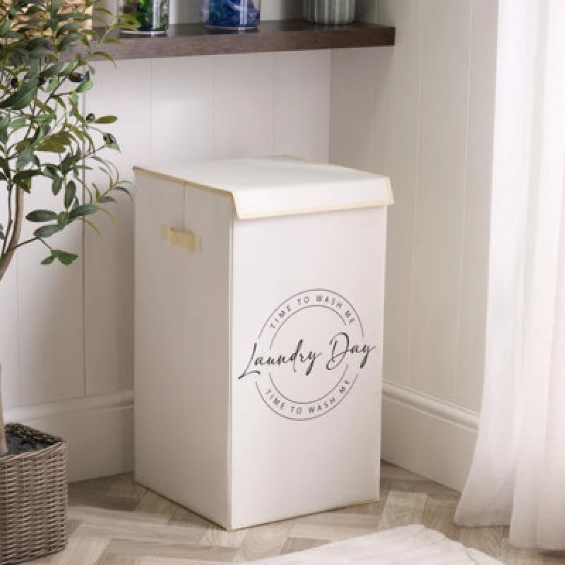 Image of OHS OHS Slogan Print Folding Laundry Basket Hampers with Lid in Beige Beige One Size Unisex 5027434225637