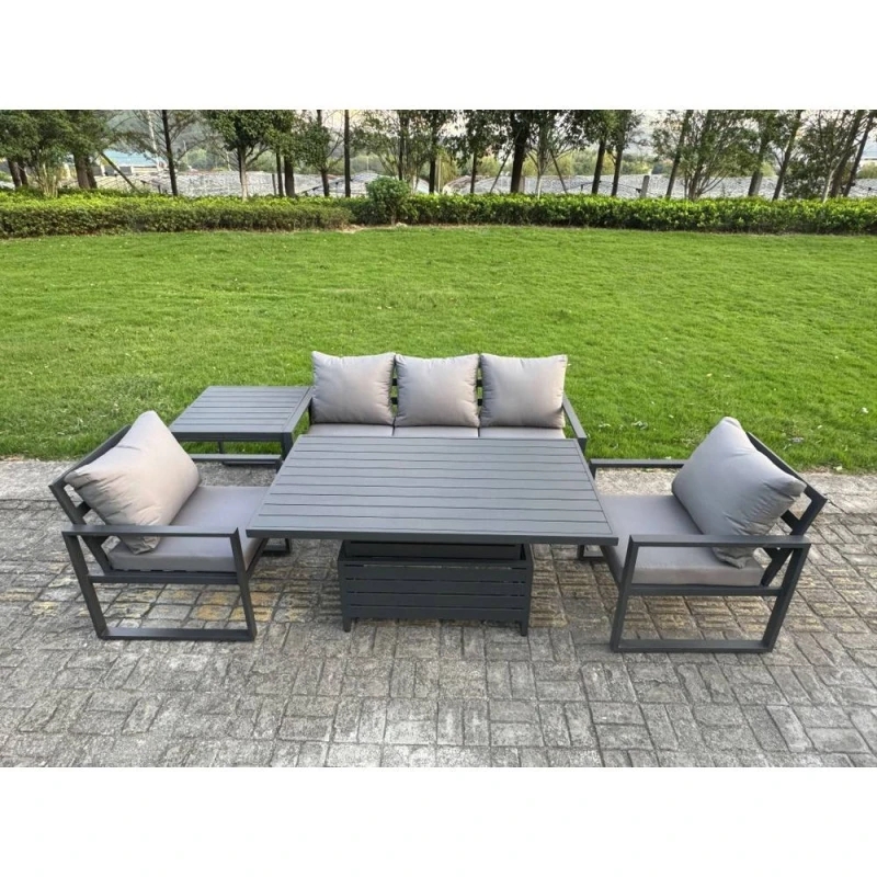 Image of Fimous Aluminum 5 Piece 5-Seater Sofa Set with Lifting Table, 2 Chairs in Dark Grey Dark Grey Unisex