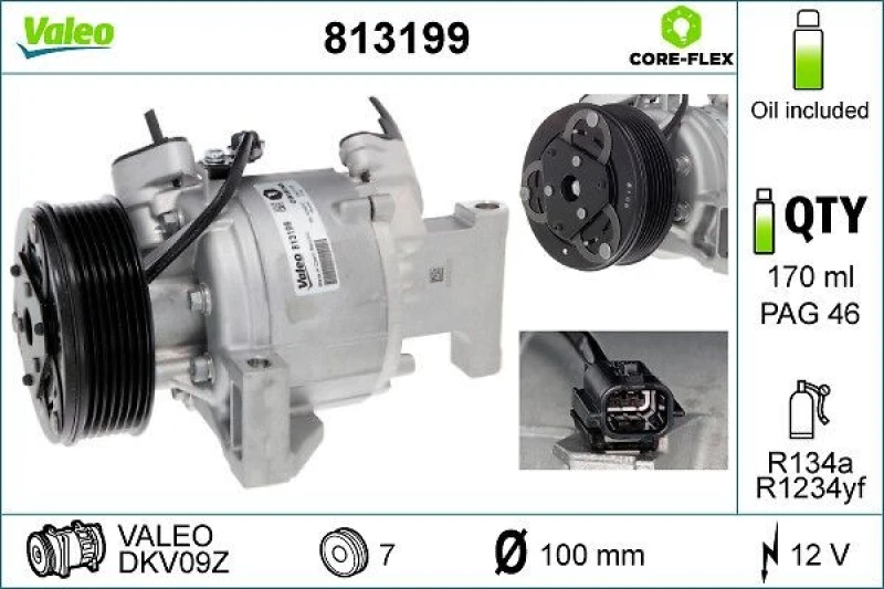 Image of VALEO 813199 AC Compressor NEW Original PART, PAG 100, Refrigerant: R134a, with PAG compressor oil Compressor,air conditioning (447)