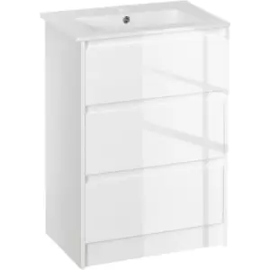 image of kleankin 600mm Bathroom Vanity Unit w/ 1 Tap Hole Basin Drawers Gloss White - High gloss