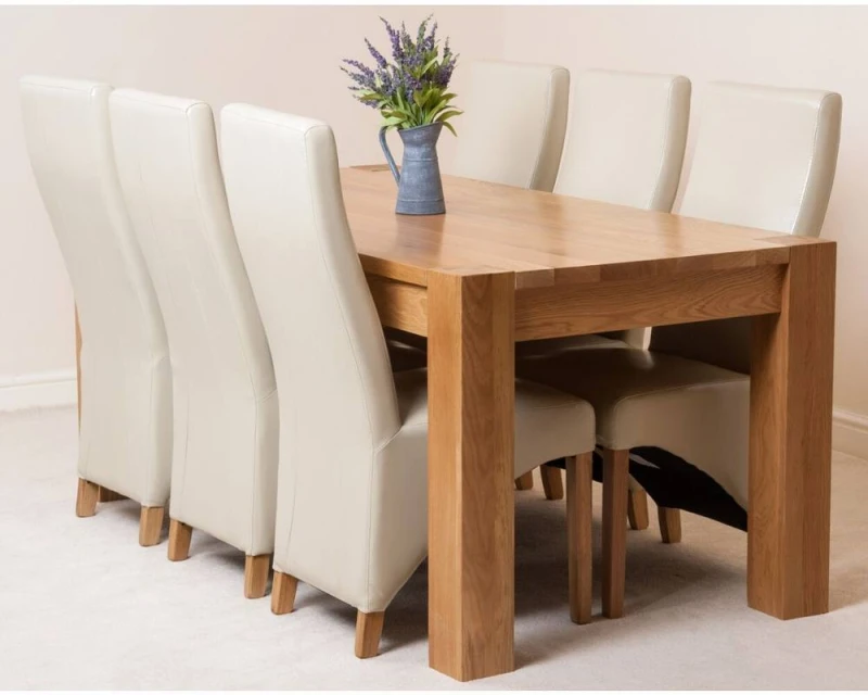 Image of Thats Furniture Kuba 180 x 90cm Chunky Oak Dining Table & 6 Lola Leather Chairs in Cream Cream Unisex 180 x 90 cm