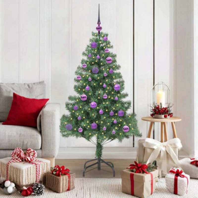 Image of vidaXL Christmas Tree with 150 LEDs, Lilac Balls with Stand Green 150cm PVC, Green 3396373