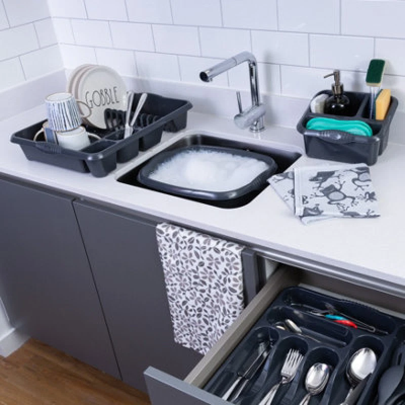 Image of Wham 4 Piece Casa Plastic Kitchen Set Midnight (38Cm Rectangular Bowl, Large Cutlery Tray, Large Dish Drainer & Sink Tidy)