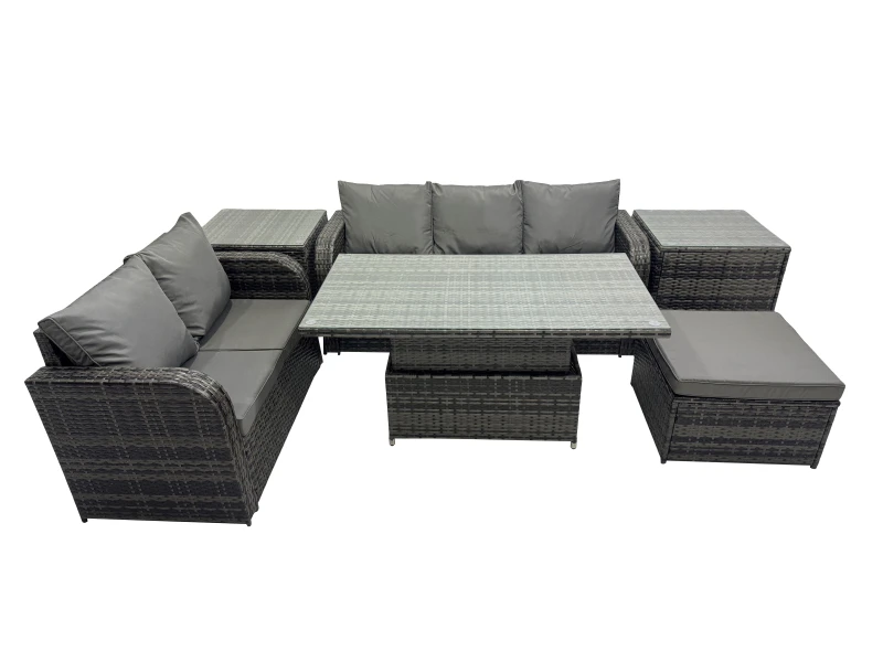 Image of Fimous Rattan Garden Furniture Dining Set 6-seater with 2 Side Tables in Dark Grey Dark Grey Unisex