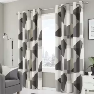 image of Fusion Geometra Contemporary Print 100% Cotton Eyelet Lined Curtains, Charcoal, 46 x 72 Inch