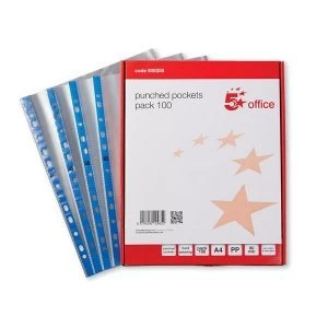 image of 5 Star Office A4 Polypropylene Top Opening 80 Micron Punched Pocket Clear with Blue Strip Pack of 100