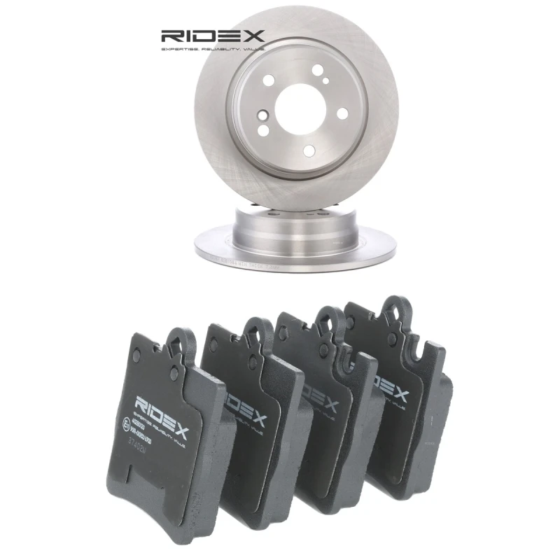 Image of RIDEX 3405B2210 Brake disc and pads set Rear Axle, Brake Disc Type: Solid, excl. wear warning contact Brake Set,disc brakes (3405)